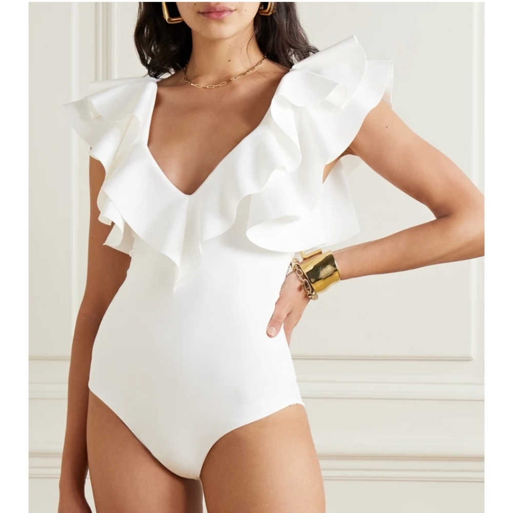 $330 NWT Maygel Coronel Santa Ruffled One Piece Swimsuit White One Size
